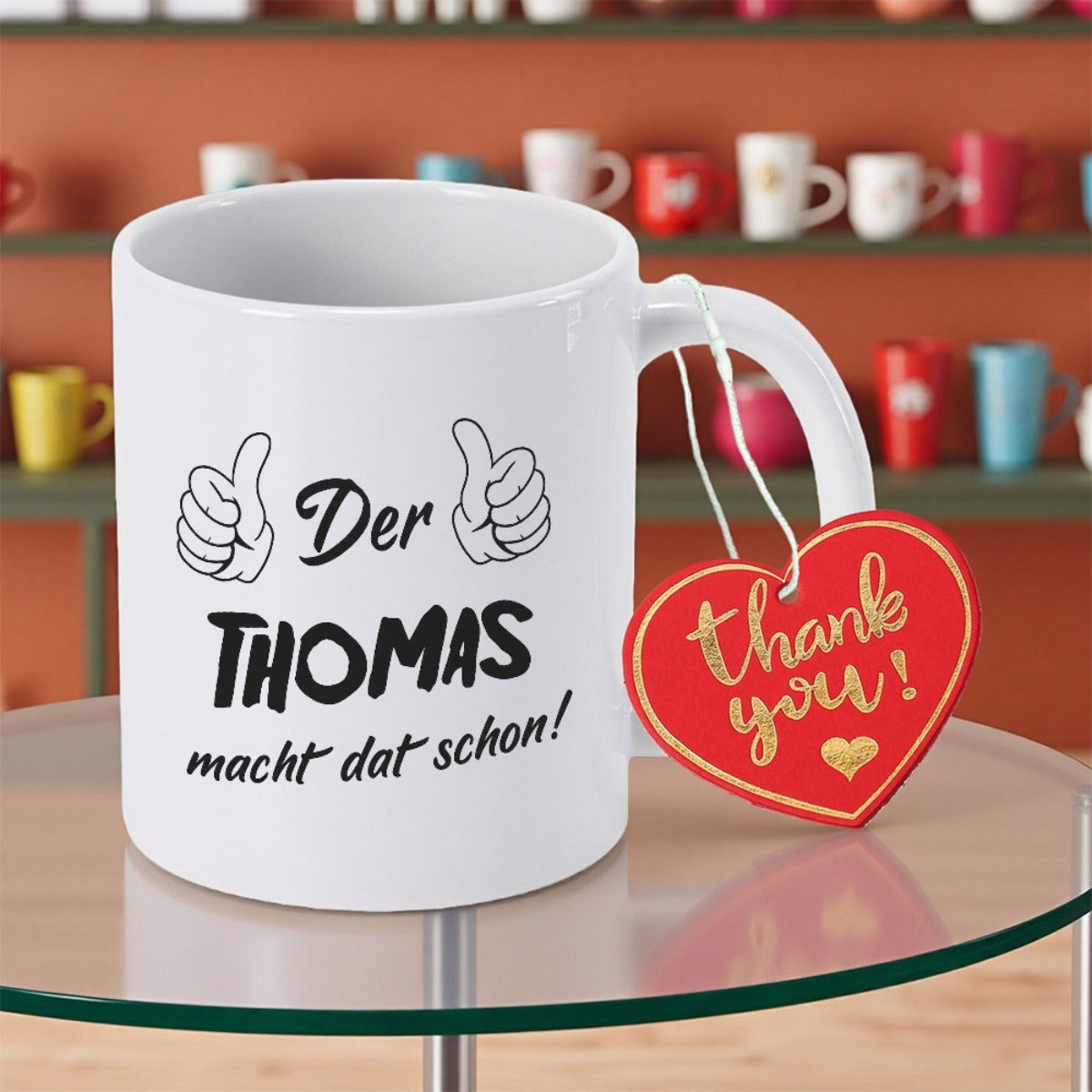Tailorly White Ceramic 11 oz Mug - Thank You Minimalist Black Outlined Thumbs Up Graphics On Mug