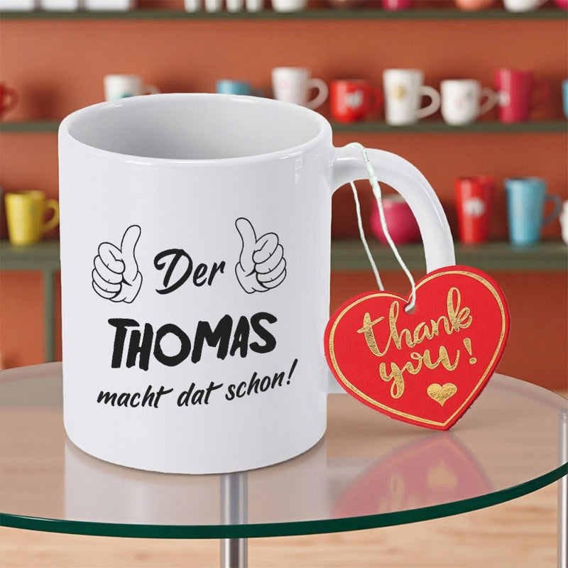 Tailorly White Ceramic 11 oz Mug - Thank You Minimalist Black Outlined Thumbs Up Graphics On Mug