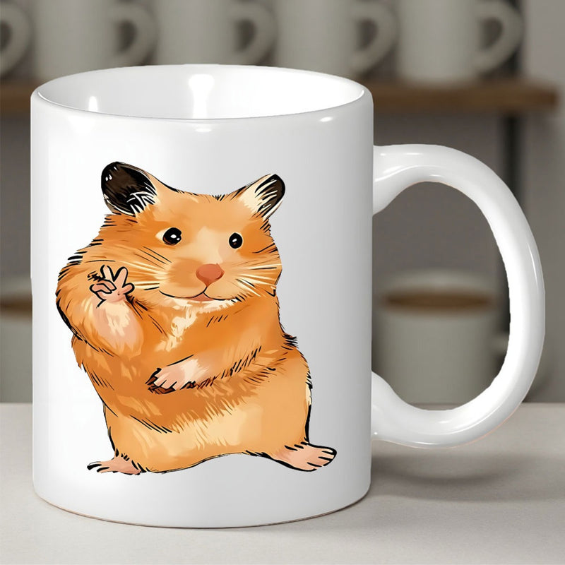 Tailorly White Ceramic 11 oz Mug - Adorable Orange Furry Creature Waving Its Tiny Paw In Artistic Hand Drawn Hamster