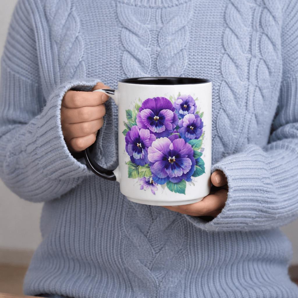 Tailorly Black Accent 11 oz Mug - purple pansy watercolor