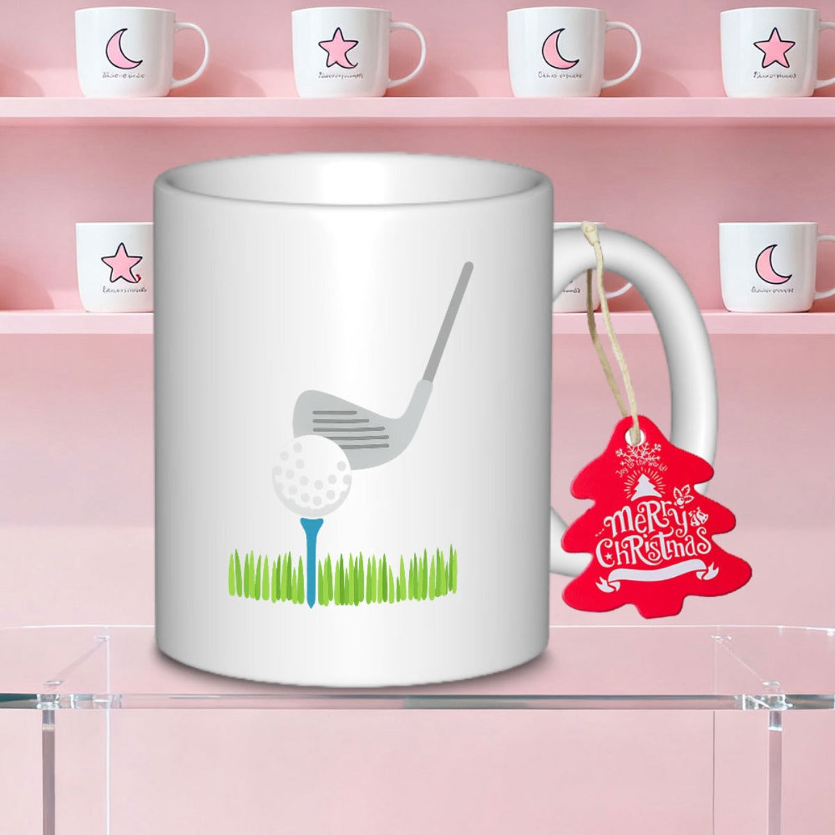 Tailorly White Ceramic 11 oz Mug - Merry Christmas Minimalist Illustration Featuring Golf Club Striking Ball Resting On Tee Above Grass Golf Ball