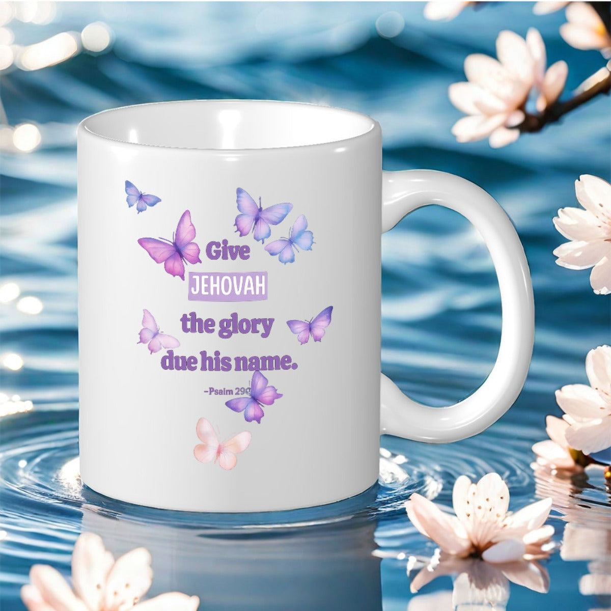 Tailorly White Ceramic 11 oz Mug - Give Jehovah The Glory Due His Name Elegant Purple Butterflies Fluttering Gracefully Around Sacred Biblical Inspirational Verse