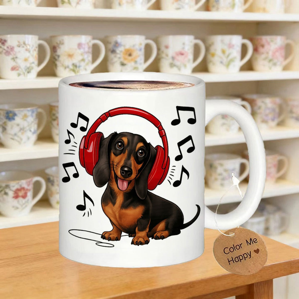 Tailorly White Ceramic 11 oz Mug - Cute Black And Tan Dachshund Wearing Large Red Headphones Among Musical Notes Dachshund