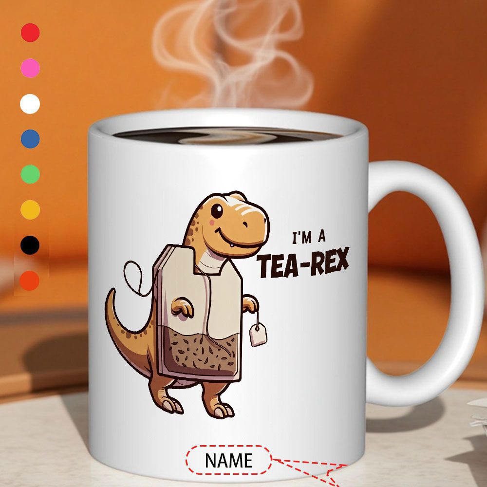 Tailorly White Ceramic 11 oz Mug - I'M A TEA-REX Cute Smiling Cartoon Character Wearing A Large Tea Bag Dinosaur