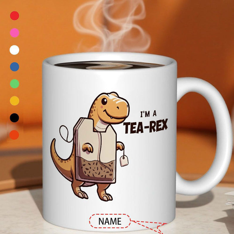 Tailorly White Ceramic 11 oz Mug - I'M A TEA-REX Cute Smiling Cartoon Character Wearing A Large Tea Bag Dinosaur