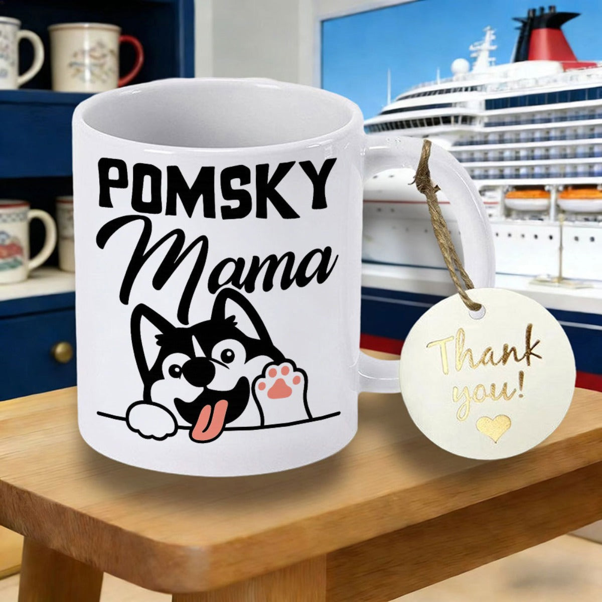 Tailorly White Ceramic 11 oz Mug - Pomsky Mama Adorable Smiling Cartoon Dog Waving Paw Over A Black Horizontal Line Dog