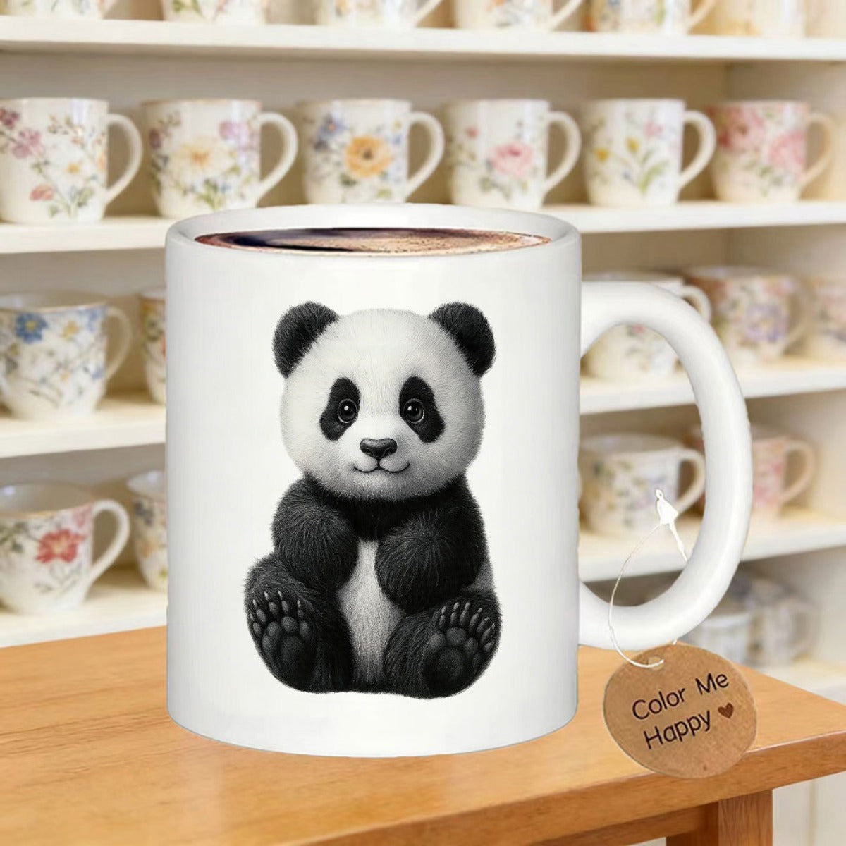 Tailorly White Ceramic 11 oz Mug - Color Me Happy Chubby Black And White Bear Sitting Peacefully With A Gentle Smile Panda