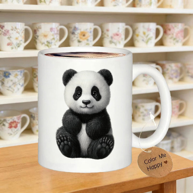 Tailorly White Ceramic 11 oz Mug - Color Me Happy Chubby Black And White Bear Sitting Peacefully With A Gentle Smile Panda