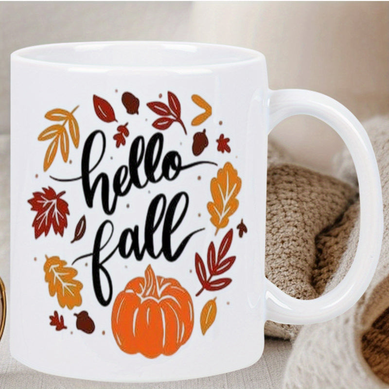 Tailorly White Ceramic 11 oz Mug - Hello Fall Vibrant Falling Maple Leaves Surrounded By A Ripe Autumn Season Pumpkin