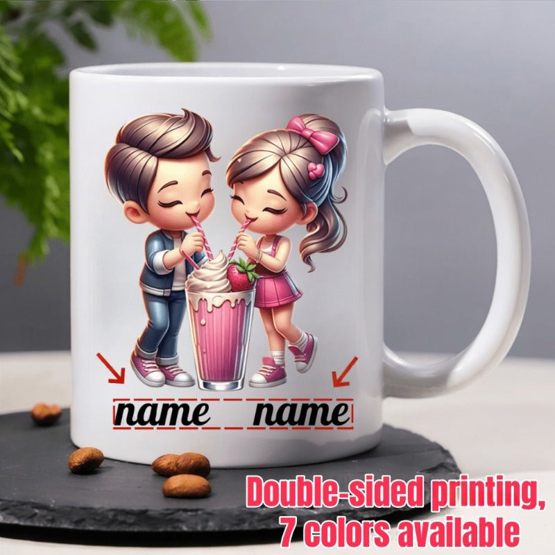 Tailorly White Ceramic 11 oz Mug - Name Charming Chibi Couple Sharing Pink Strawberry Milkshake With Tiny Straws Couple