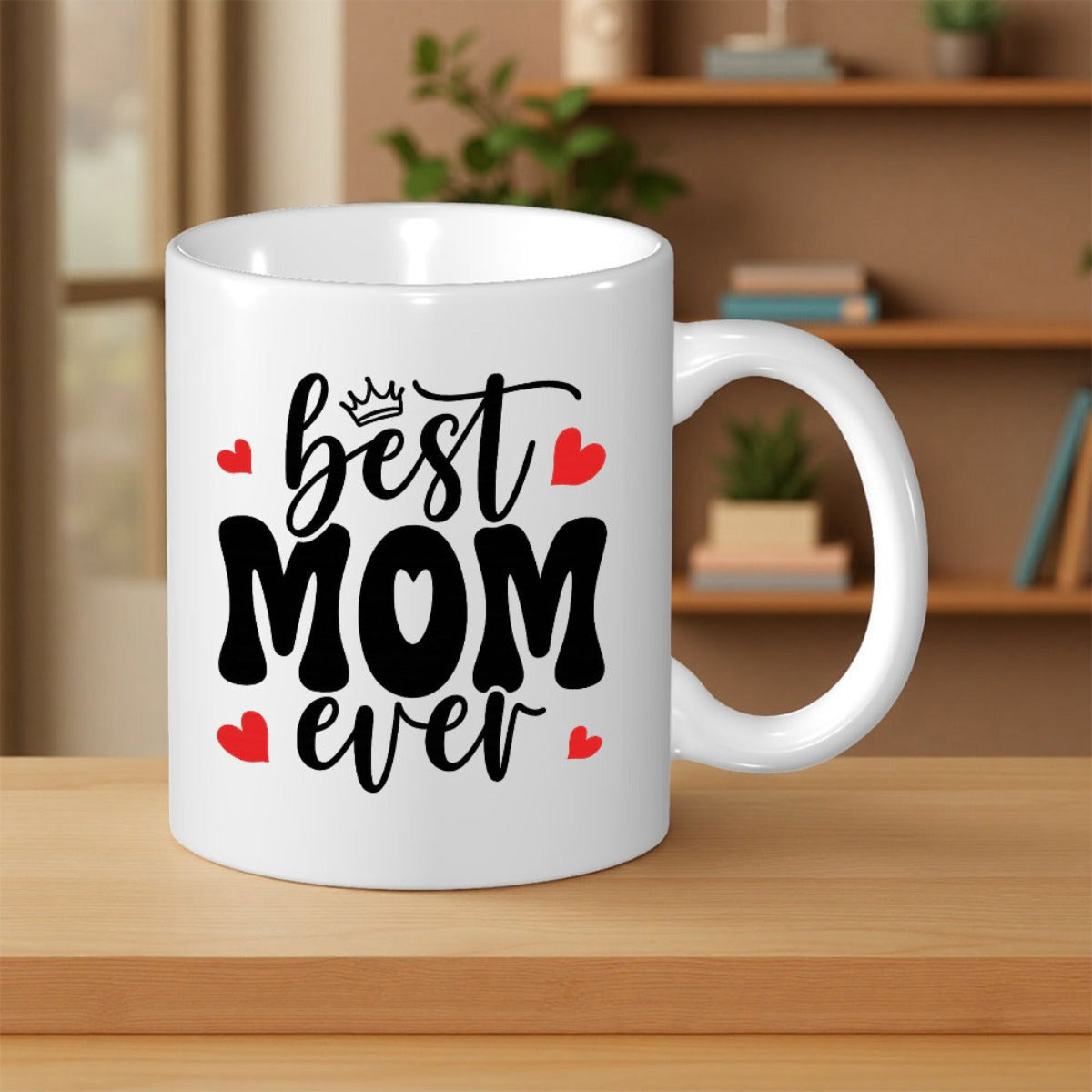 Tailorly White Ceramic 11 oz Mug - Best Mom Ever Elegant Red Hearts And Small Crown Adorning The