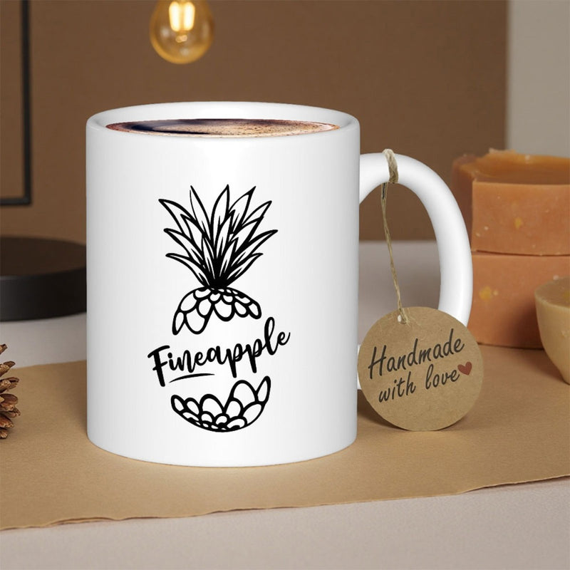 Tailorly White Ceramic 11 oz Mug - Fineapple Stylized Black Line Art Split Fruit Graphic Featuring Tropical Vibes Pineapple