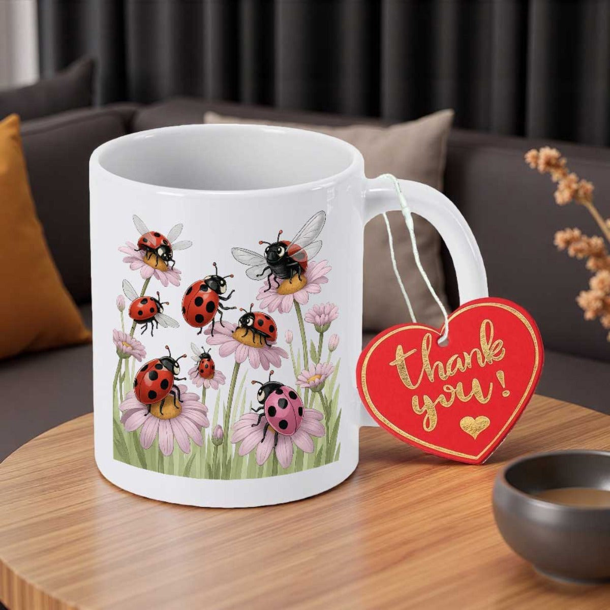 Tailorly White Ceramic 11 oz Mug - Thank You Vibrant Red Ladybugs Crawling Over Soft Pink Spring Blooming Daisy Ladybug