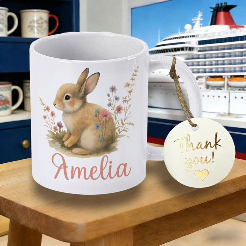 Tailorly White Ceramic 11 oz Mug - Amelia Adorable Watercolor Bunny Sitting Among Delicate Colorful Wildflowers Rabbit