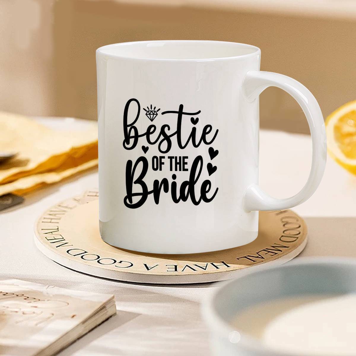 Tailorly White Ceramic 11 oz Mug - Bestie Of The Bride White Ceramic With Decorative Lettering Small Crown And Delicate Hearts Wedding Celebration Elegant Script