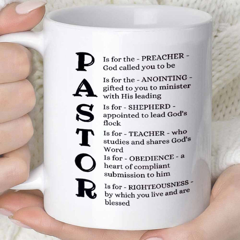 Tailorly White Ceramic 11 oz Mug - Pastor Preacher Anointing Shepherd Teacher Obedience Righteousness Simple Vertical Black Typography Featuring Religious