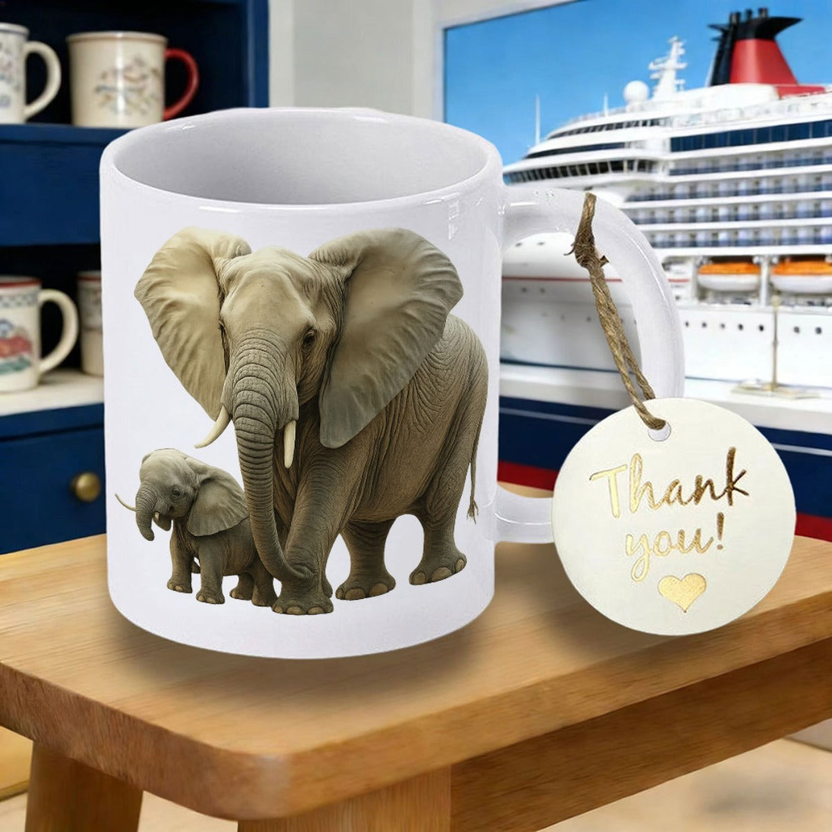 Tailorly White Ceramic 11 oz Mug - Thank You Majestic Adult Elephant Standing With Small Calf On Plain Background Elephant