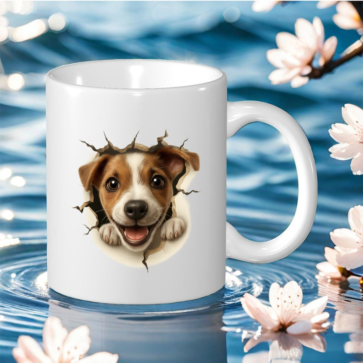 Tailorly White Ceramic 11 oz Mug - Adorable Little Puppy Peeking Through A Realistic Cracked Hole Effect Dog