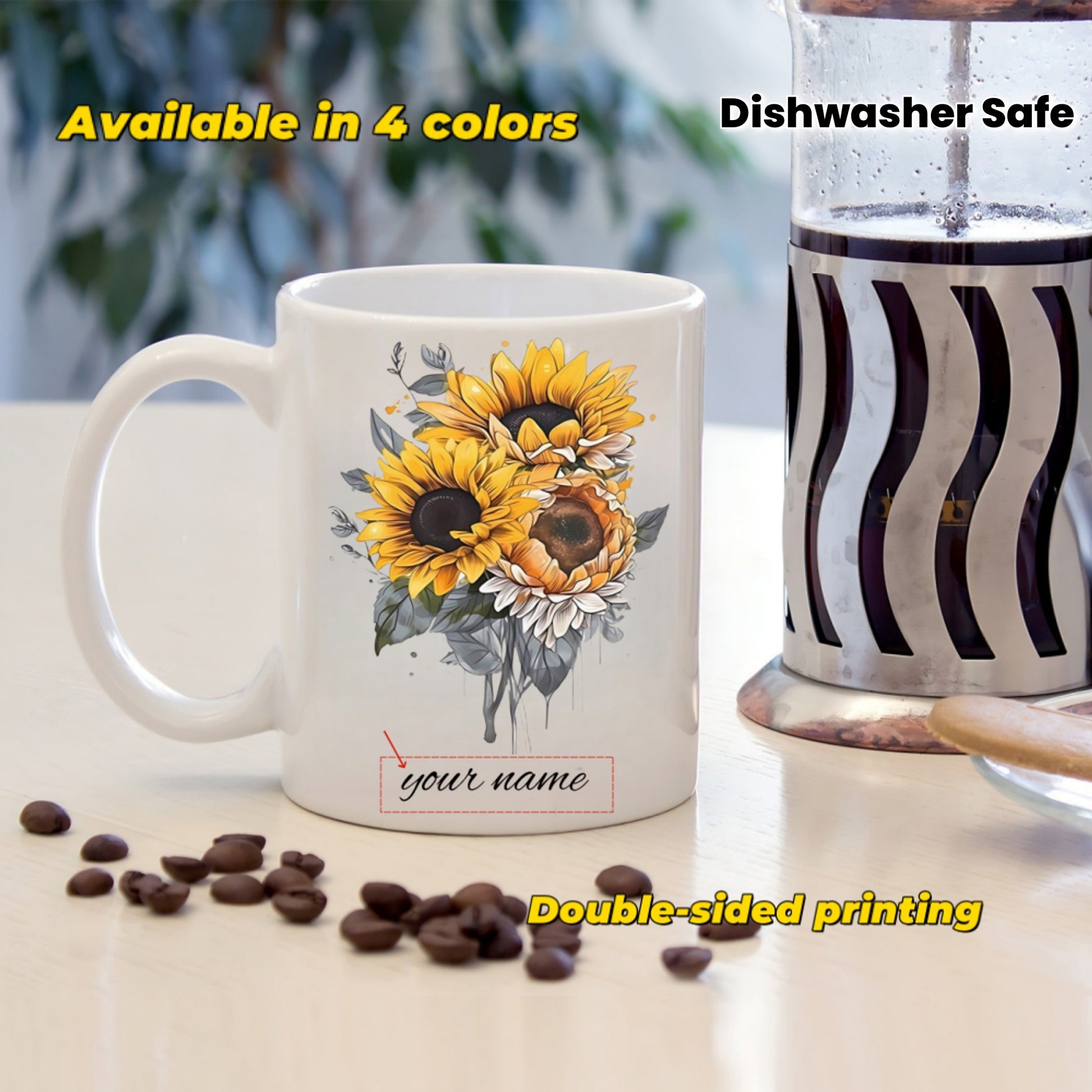 Tailorly White Ceramic 11 oz Mug - Your Name Vibrant Yellow Sunflowers With Artistic Grey Leaves In A Delicate Bouquet Sunflower