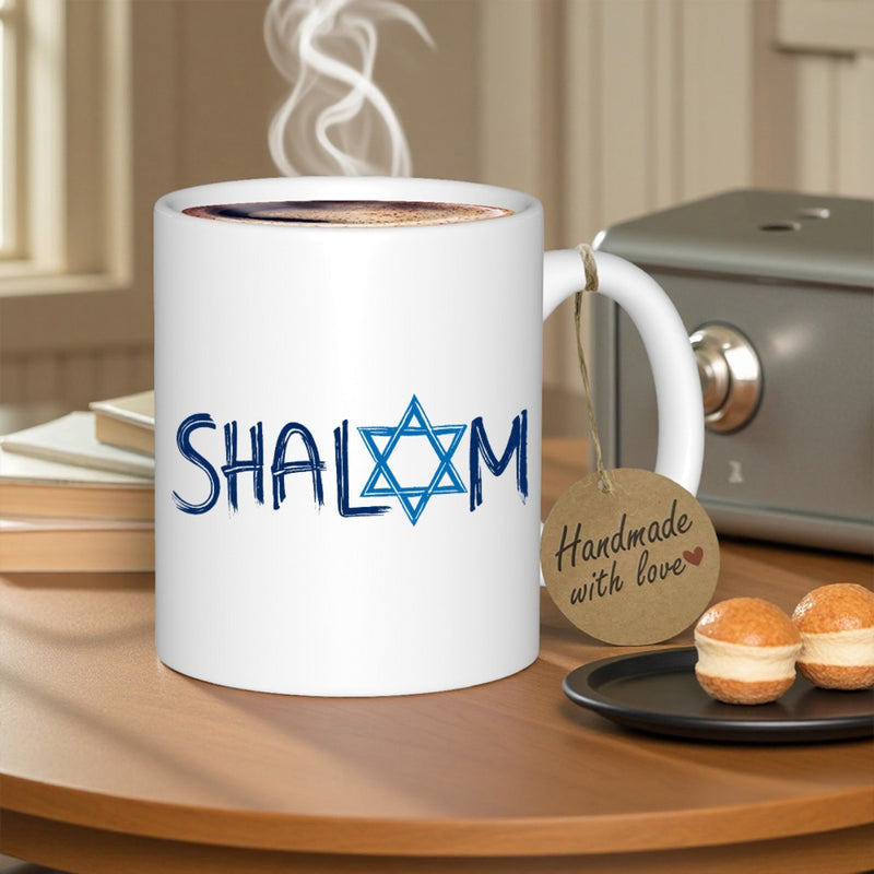 Tailorly White Ceramic 11 oz Mug - Shalom Blue Artistic Brush Strokes Forming A Sacred Religious Hexagram Symbol Mug
