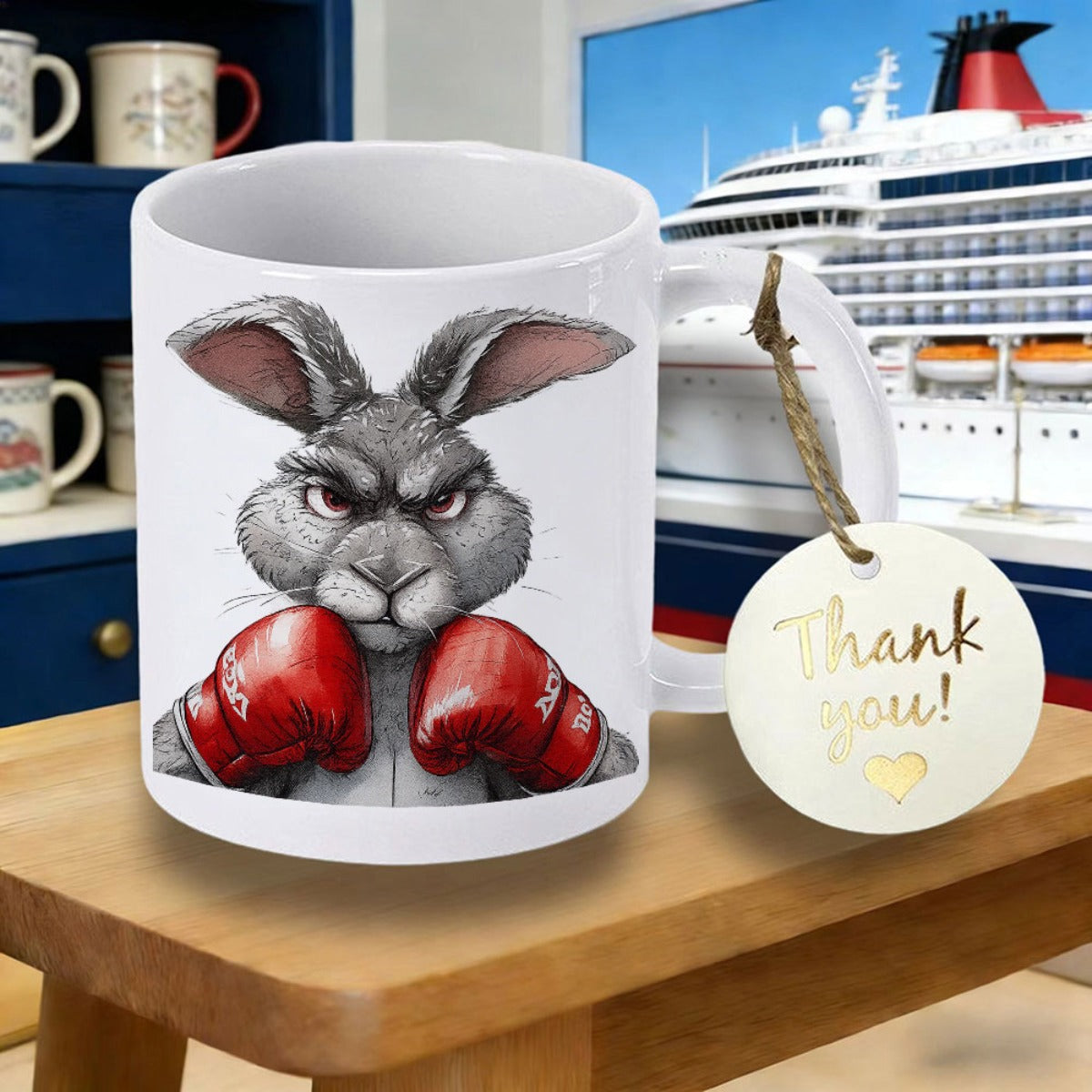 Tailorly White Ceramic 11 oz Mug - Fierce Determined Gray Furry Wearing Shiny Red Boxing Training Gear Rabbit