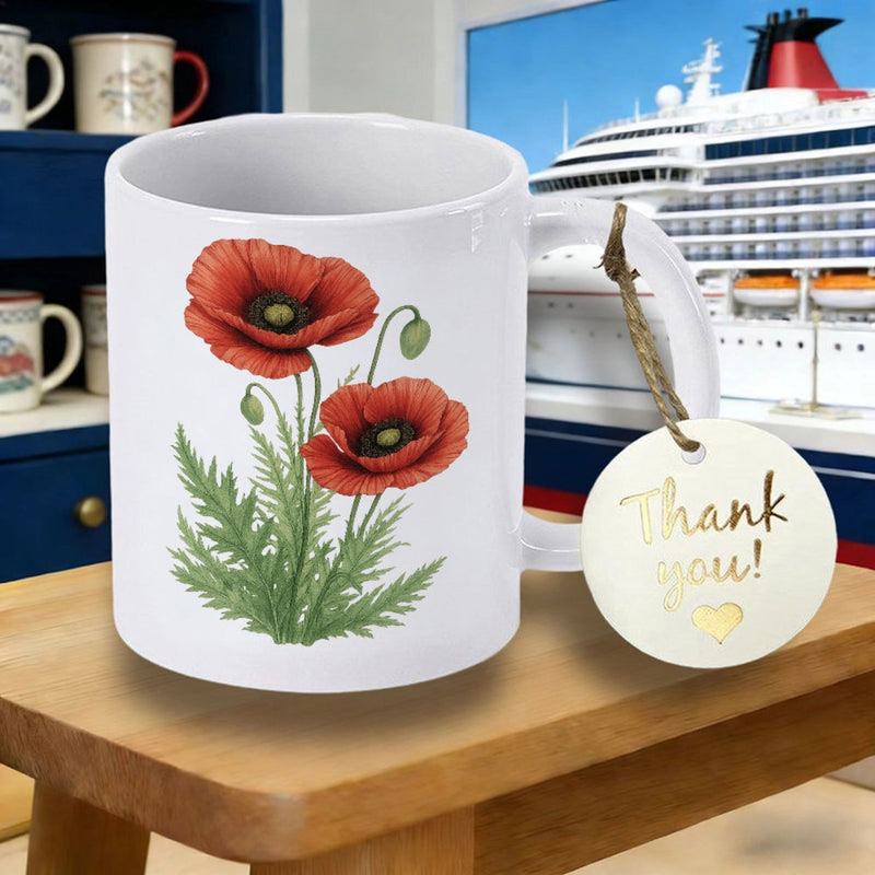 Tailorly White Ceramic 11 oz Mug - Thank You Vibrant Red Blooming Flowers With Green Leaves In Detailed Botanical Illustration Poppy