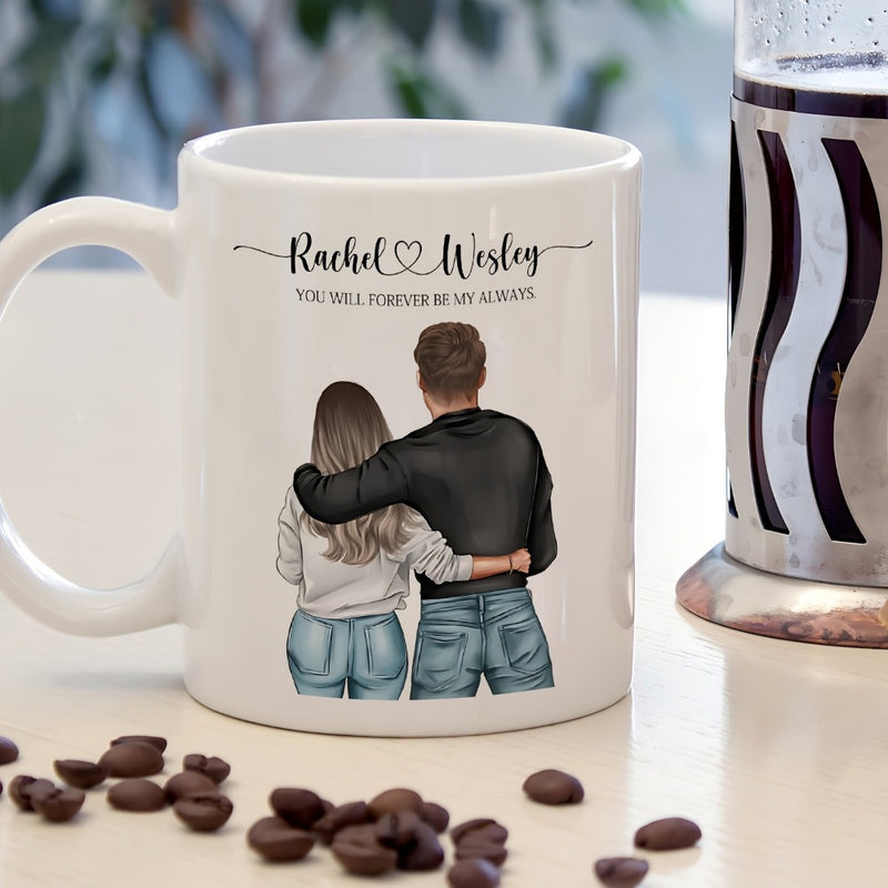 Tailorly White Ceramic 11 oz Mug - Rachel Wesley You Will Forever Be My Always Romantic Embracing Pair Wearing Casual Denim Jeans And Dark Sweaters Couple