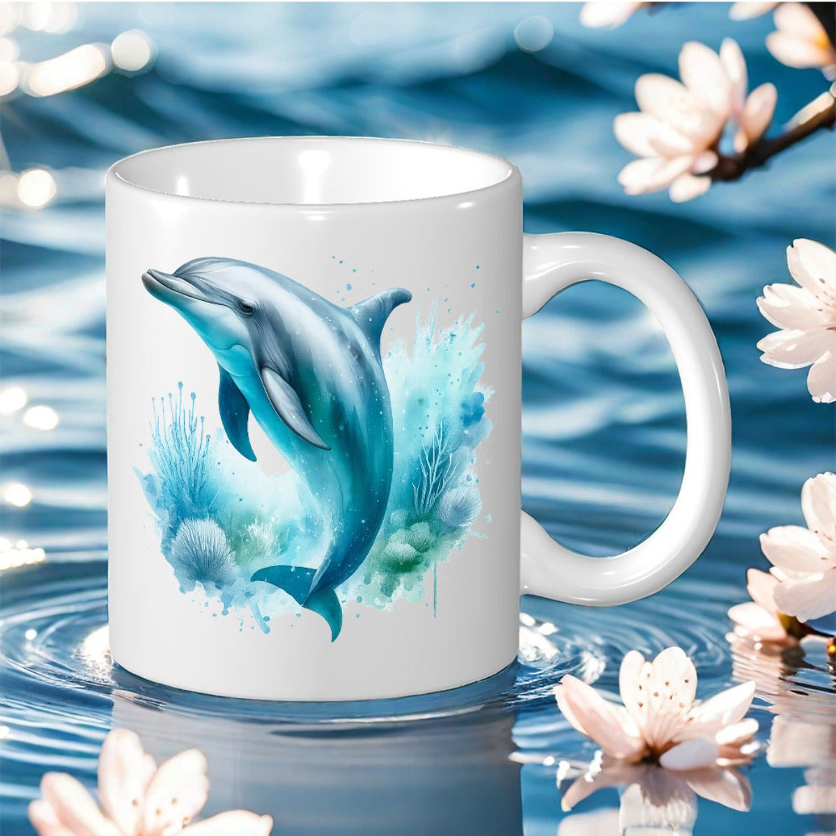 Tailorly White Ceramic 11 oz Mug - Watercolor Blue Sea Leaping Over Gentle Ocean Waves Among Flowers Dolphin