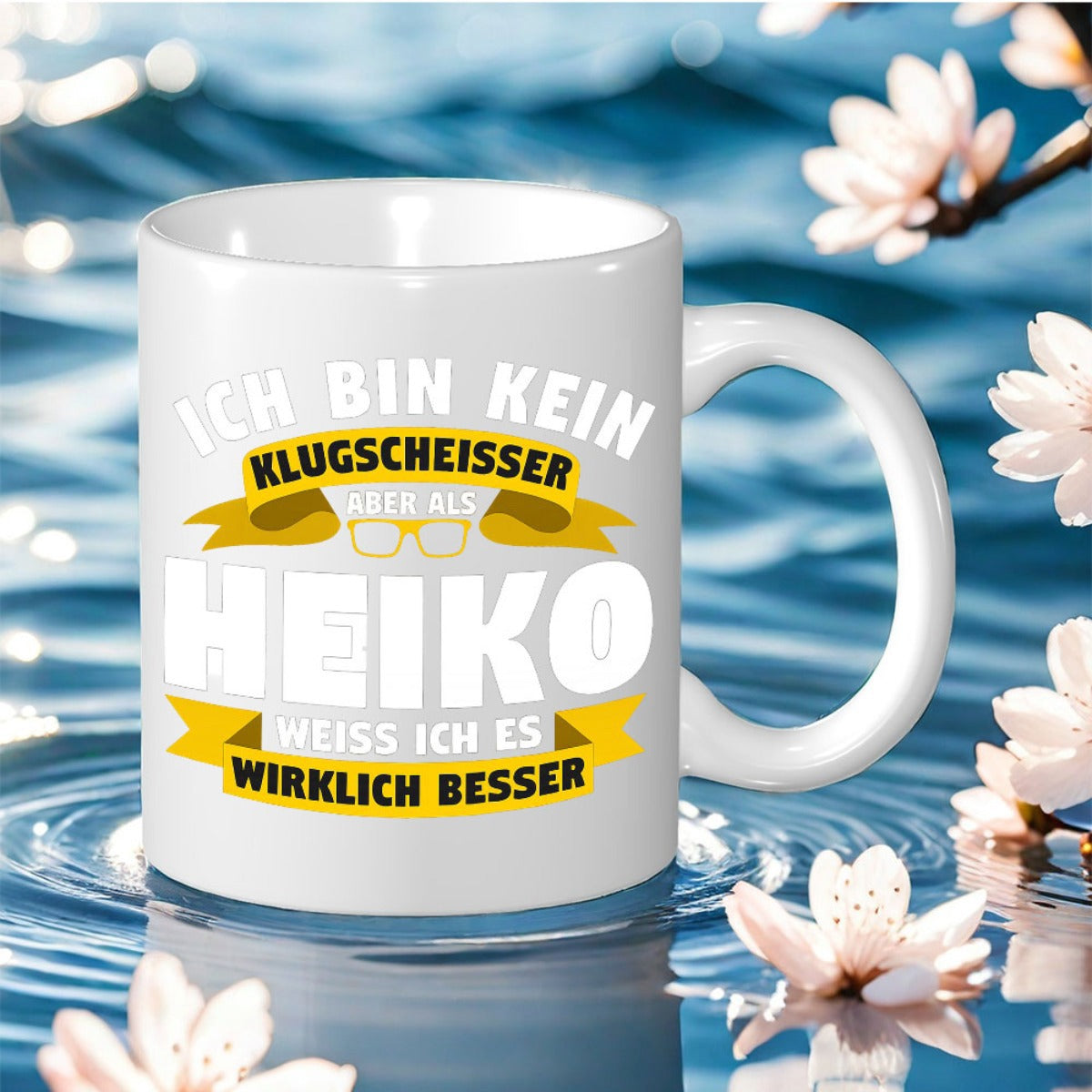 Tailorly White Ceramic 11 oz Mug - Serene Morning Reflections Surrounded By Delicate Floating Cherry Blossoms Ceramic Mug