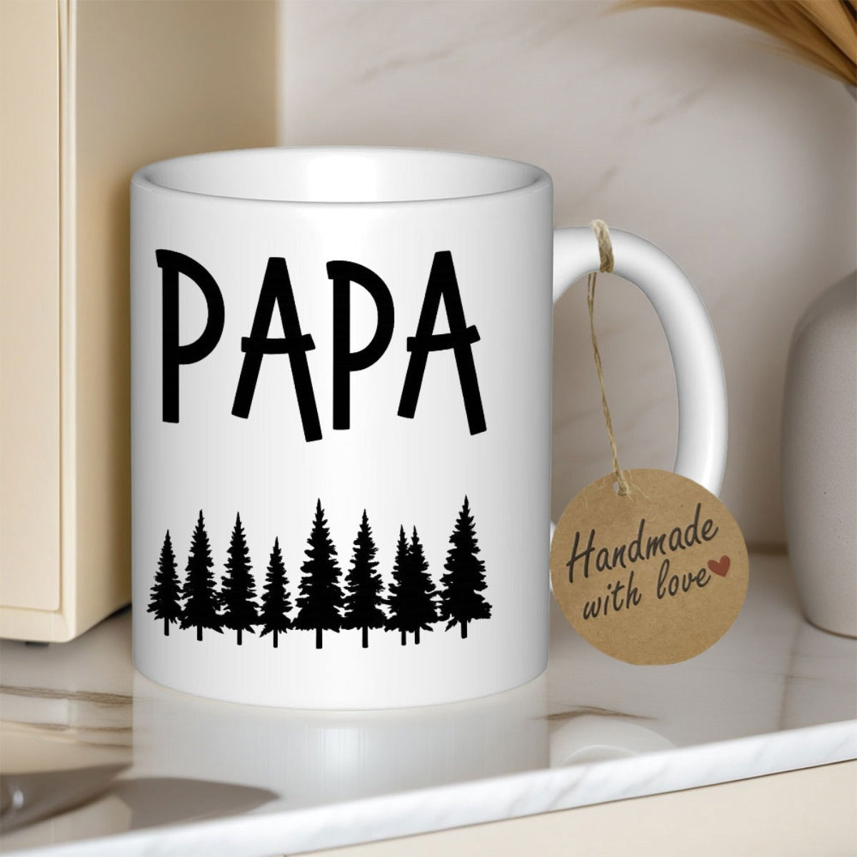 Tailorly White Ceramic 11 oz Mug - Papa Silhouette Of Evergreen Pine Trees Standing Tall In A Straight Line Pine Tree