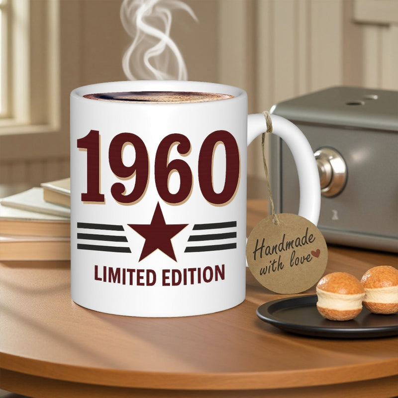 Tailorly White Ceramic 11 oz Mug - 1960 Limited Edition Bold Vintage Numbers Above Symmetrical Stripes And Central Star