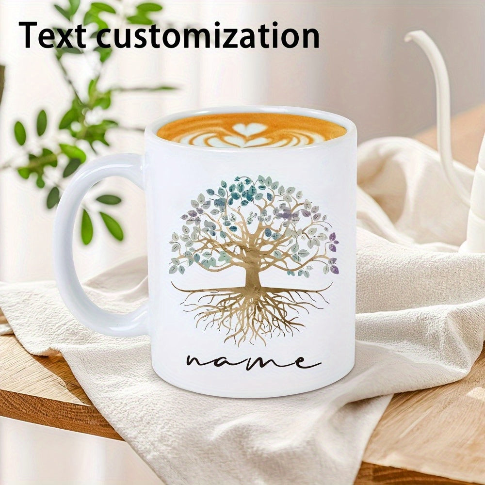 Tailorly White Ceramic 11 oz Mug - Text Customization Name Ornate Roots Spreading Under A Flourishing Canopy Of Colorful Leaves Tree
