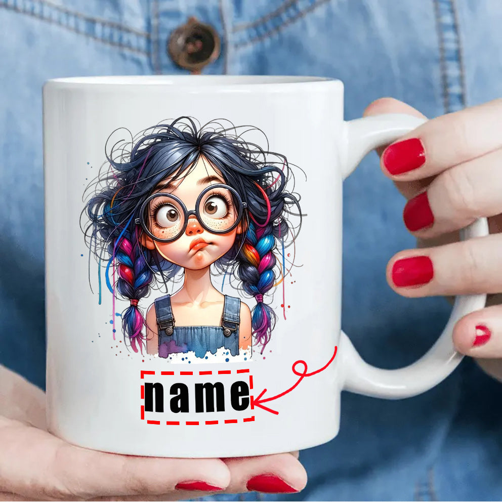 Tailorly White Ceramic 11 oz Mug - Name Adorably Messy Haired Character With Glasses And Colorful Braids Wearing Denim Girl