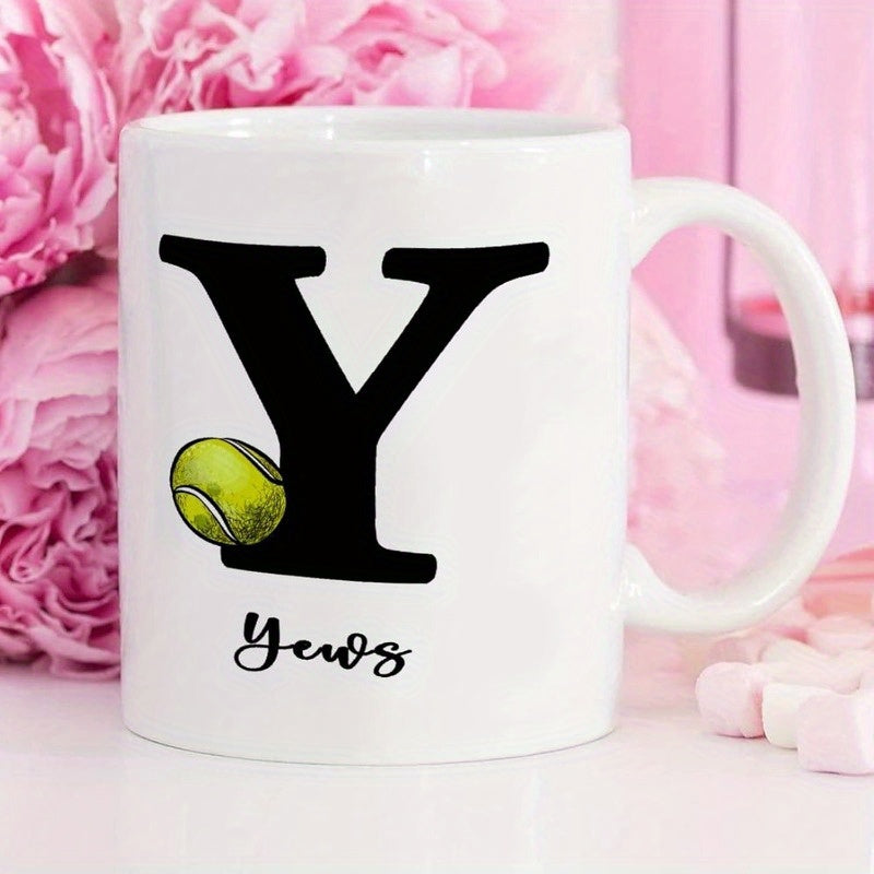 Tailorly White Ceramic 11 oz Mug - Yews Bold Black Serif Letter Character With Realistic Yellow Sporty Tennis Ball