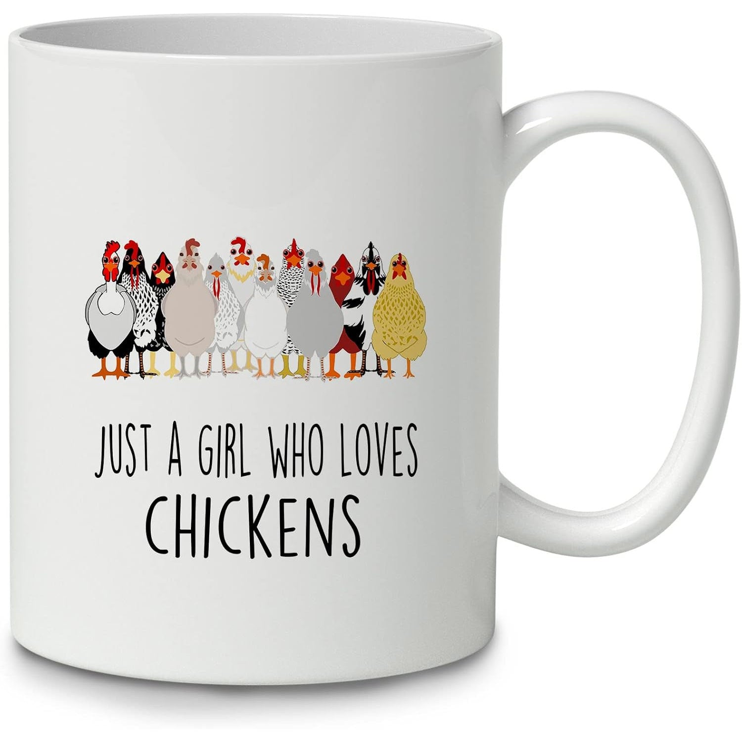 Tailorly White Ceramic 11 oz Mug - Just A Girl Who Loves Chickens Diverse Group Of Colorful Cartoon Poultry Standing In A Row Chickens