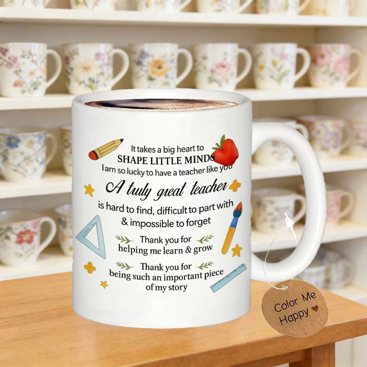 Tailorly White Ceramic 11 oz Mug - It Takes A Big Heart To Shape Little Minds Colorful Educational Icons With Stationery Elements On A