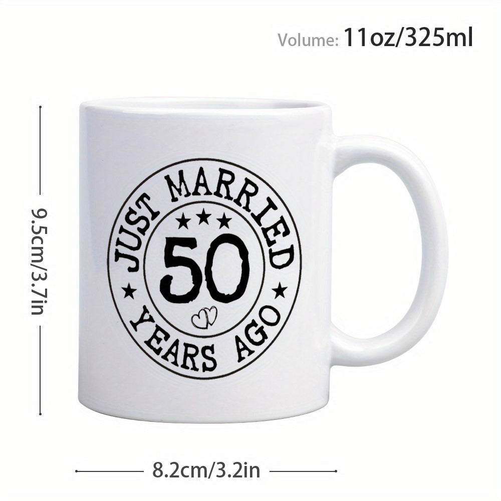 Tailorly White Ceramic 11 oz Mug - Just Married 50 Years Ago Simple Circular Badge Featuring Stars And Hearts Mug
