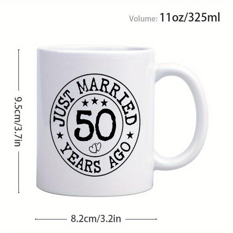 Tailorly White Ceramic 11 oz Mug - Just Married 50 Years Ago Simple Circular Badge Featuring Stars And Hearts Mug