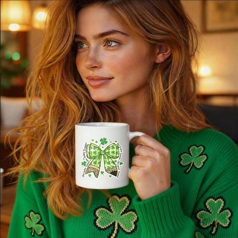 Tailorly White Ceramic 11 oz Mug - Festive Green Gingham Plaid Ribbon With Delicate Small Clover Shamrocks Leaf Bow