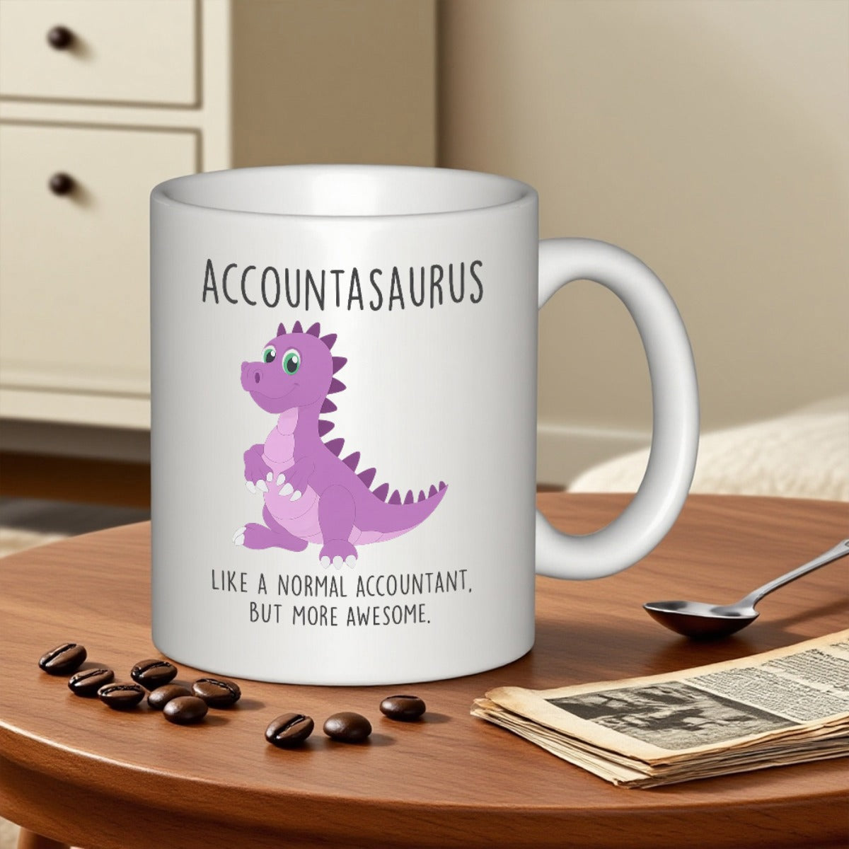 Tailorly White Ceramic 11 oz Mug - Accountasaurus Like A Normal Accountant But More Awesome Charming Purple Cartoon Dinosaur With Soft Spikes In Minimalist Style