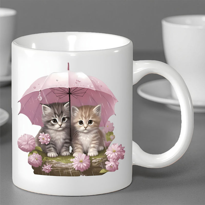 Tailorly White Ceramic 11 oz Mug - Adorable Fluffy Little Cats Sitting Under A Pink Umbrella Kittens