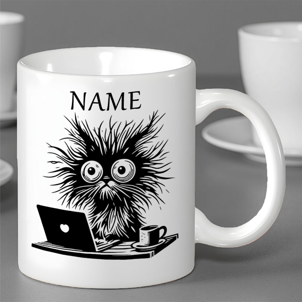Tailorly White Ceramic 11 oz Mug - Name Stressed Black Furry Kitten Working Hard On Laptop With Hot Coffee Cat
