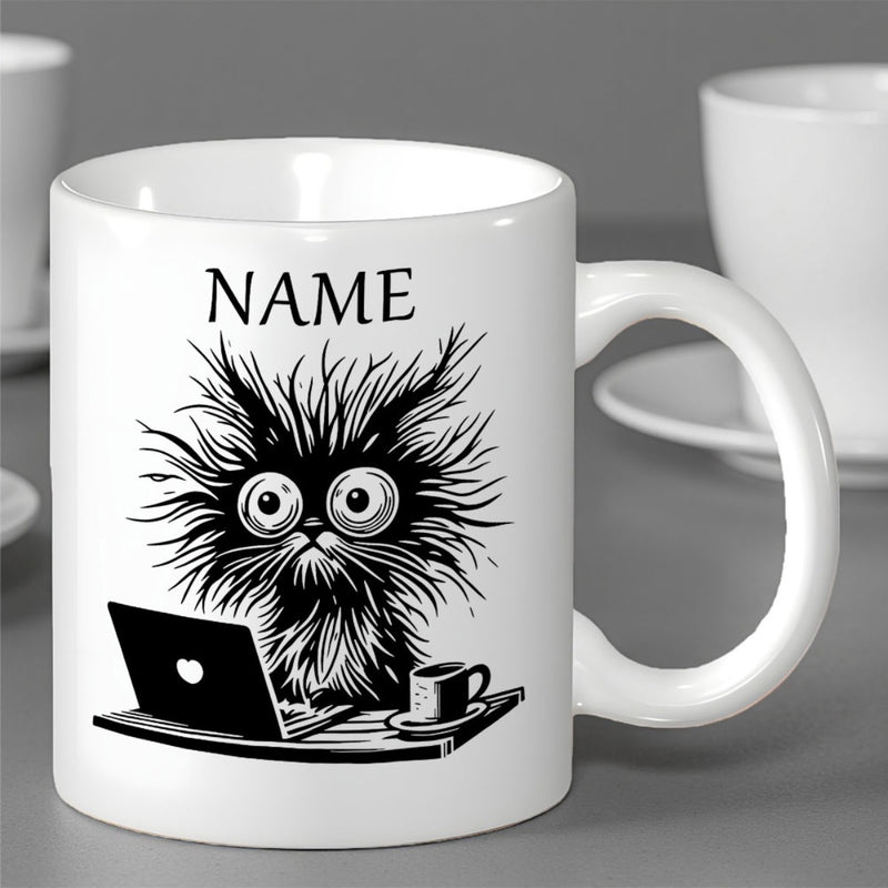 Tailorly White Ceramic 11 oz Mug - Name Stressed Black Furry Kitten Working Hard On Laptop With Hot Coffee Cat