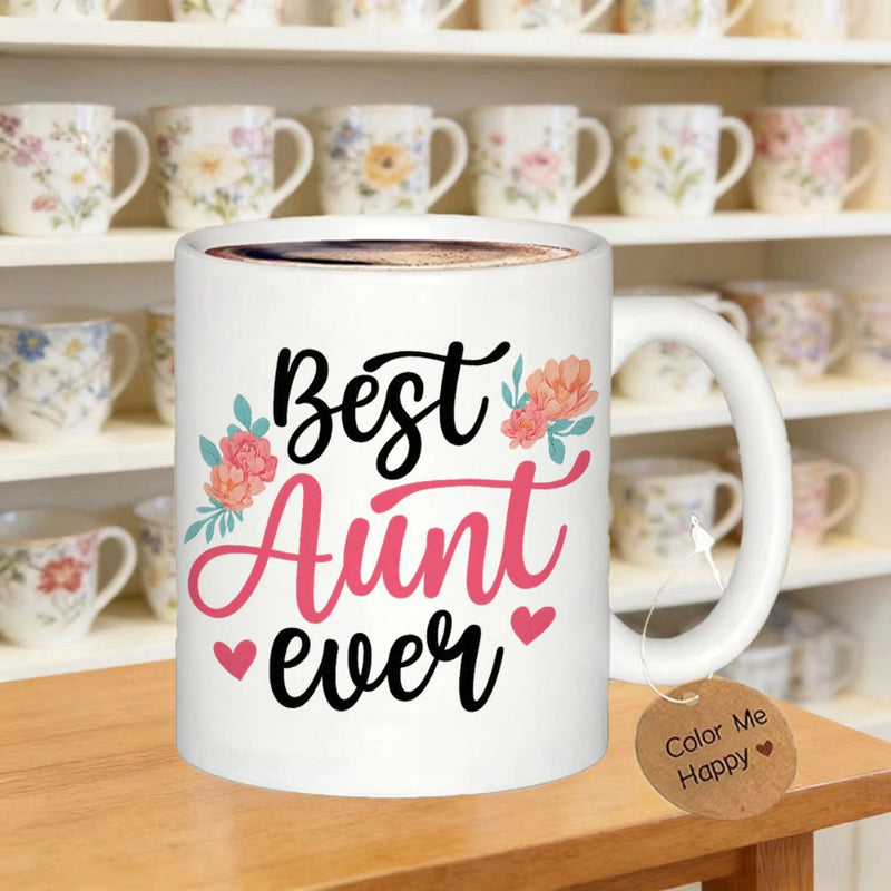 Tailorly White Ceramic 11 oz Mug - Best Aunt Ever Elegant Script Decorated With Delicate Pink Blossoms And Hearts Floral