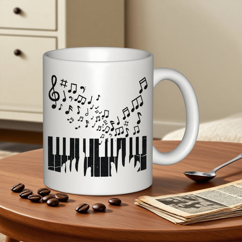 Tailorly White Ceramic 11 oz Mug - Artistic Black Musical Notes Floating Above Classic Stylized Ivory Keyboards Monochrome Piano