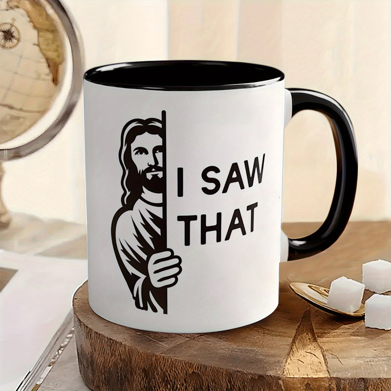 Tailorly Black Accent 11 oz Mug - humorous religious theme with peeking figure in black and white