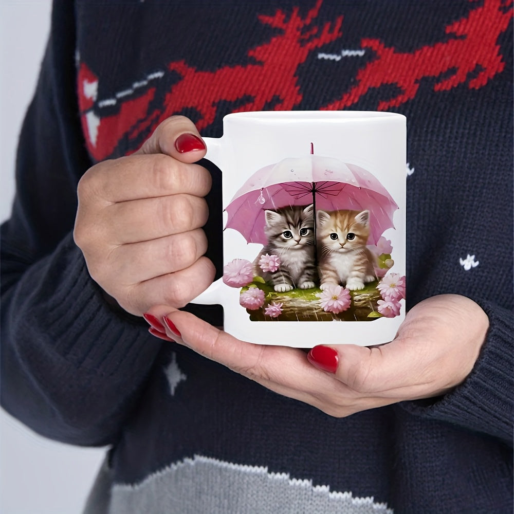 Tailorly White Ceramic 11 oz Mug - Adorable Small Kittens Sheltered Under A Delicate Pink Parasol Among Flowers Kittens
