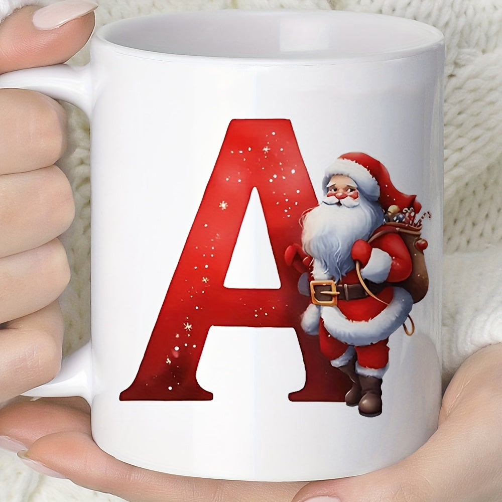 Tailorly White Ceramic 11 oz Mug - A Jolly Festive Father Christmas Carrying Gift Bag Beside Large Red Alphabet Santa