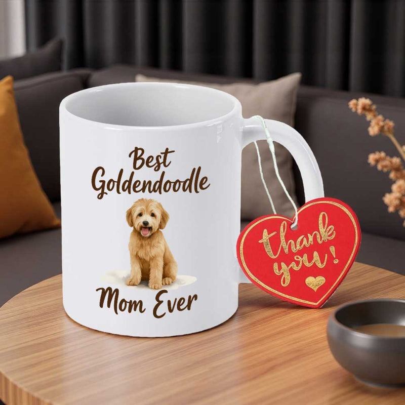 Tailorly White Ceramic 11 oz Mug - Best Goldendoodle Mom Ever Cute Fluffy Brown Puppy Sitting Peacefully On White Ground Goldendoodle