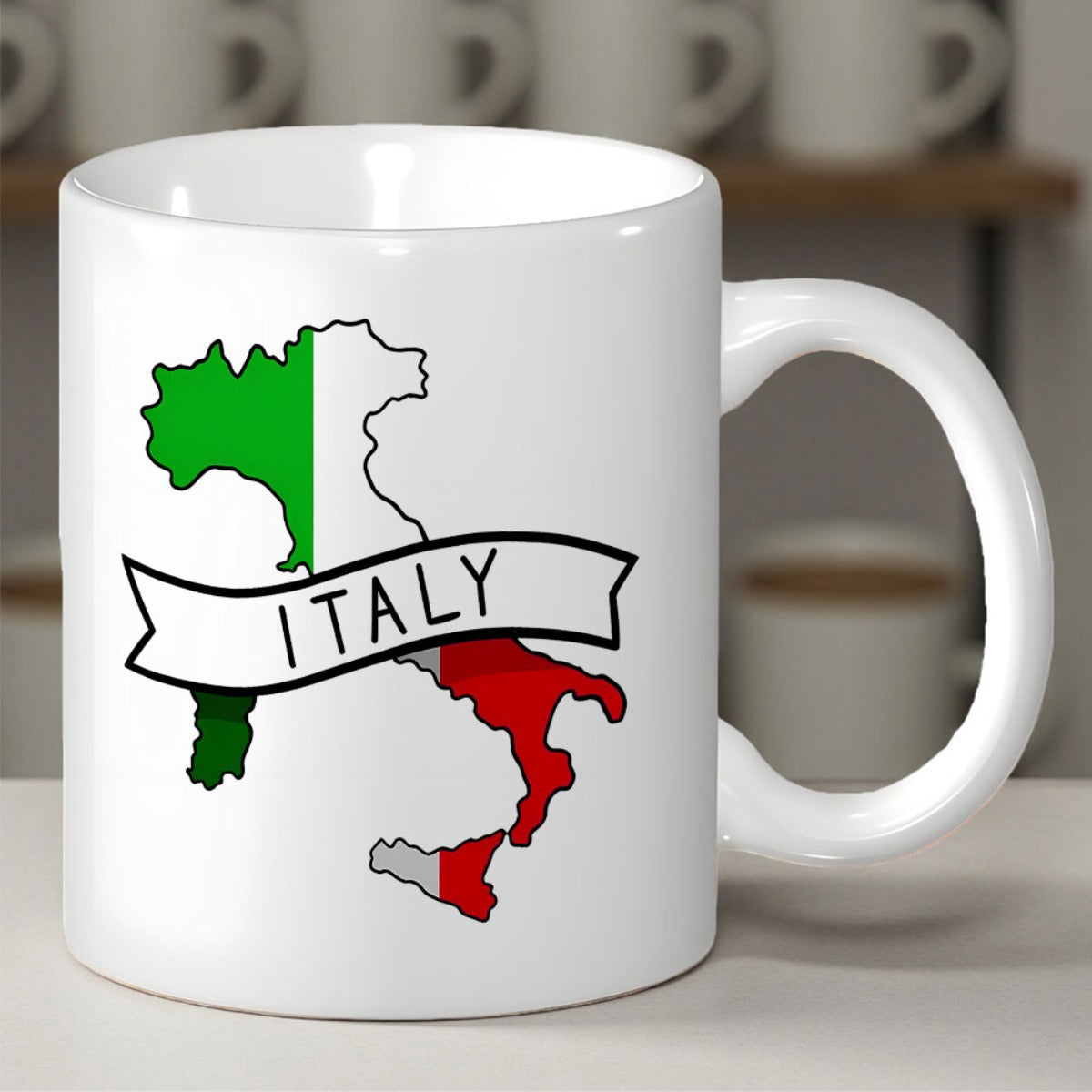 Tailorly White Ceramic 11 oz Mug - Italy Vibrant National Flag Colors Within A Detailed Silhouette Shape Map